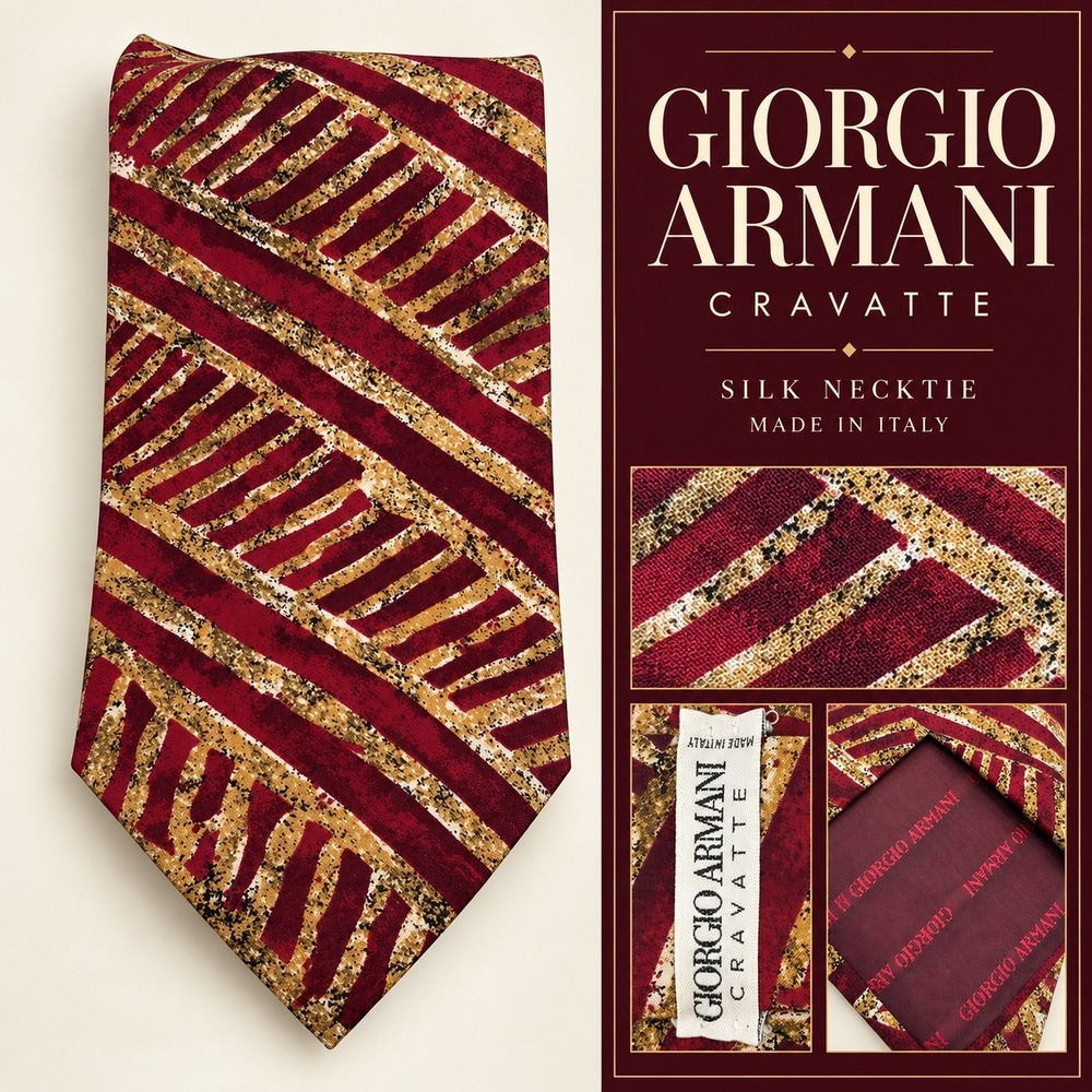 Giorgio Armani Cravatte Silk Tie Burgundy Gold Abstract Geometric Made in Italy